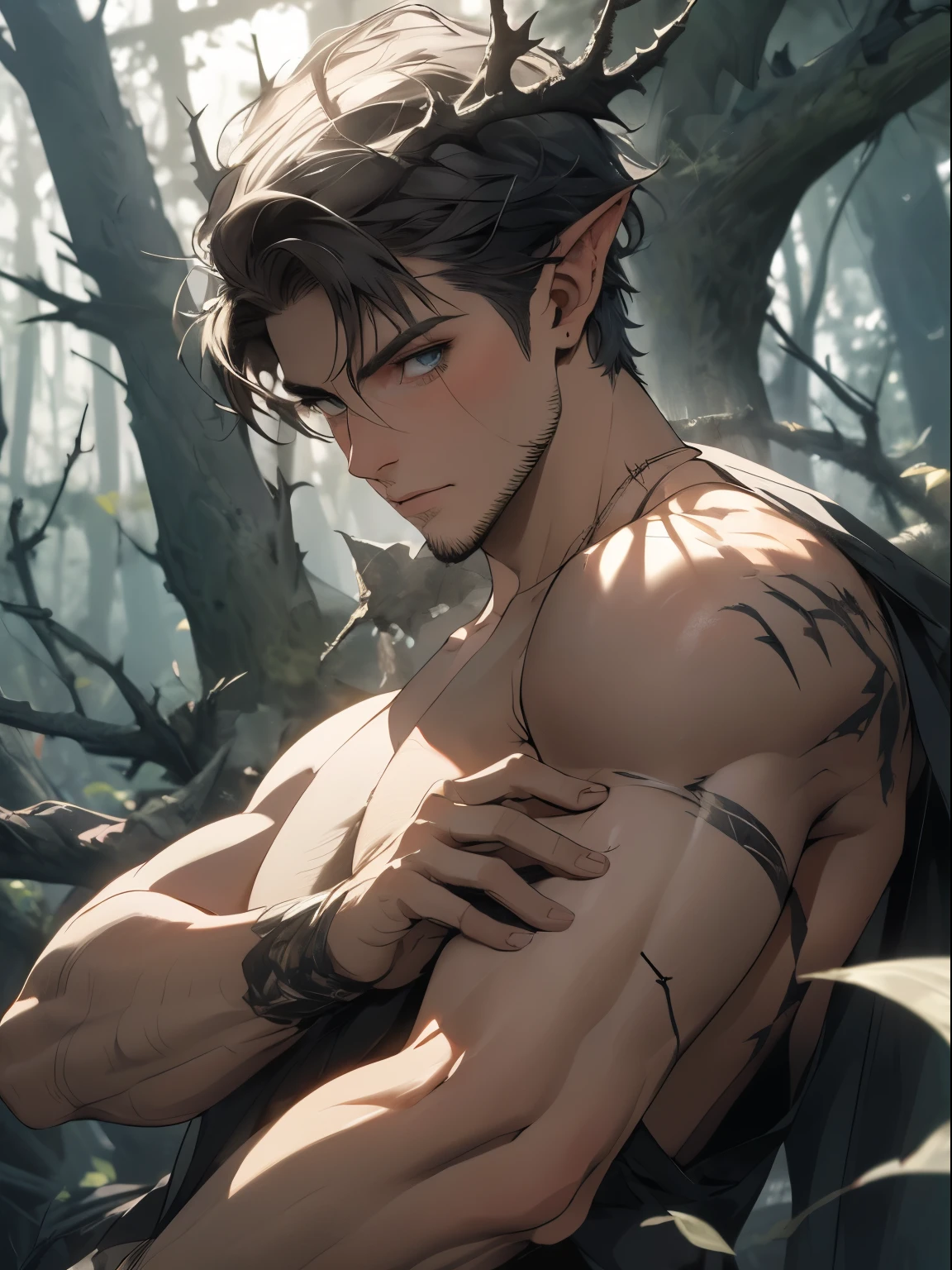 (masterpiece: 1.2), (very detailed: 1.2), (perfectly detailed), (very detailed and beautiful: 1.1), muscular male, dynamic pose, shaved temples, thick stubble, has thick stubble, body hair, action scene, detailed face, at full height, nature magic, forest elf, conjuring nature magic, thorns, thorns wrap around the body, the king of thorns, elven clothes