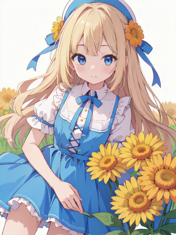 Highest quality、Ultra-high resolution、Highly detailed face、Eye highlights、A girl of about twelve, still with a touch of childishness、Long wavy blonde hair、Blue Dress、Marigolds blooming in abundance