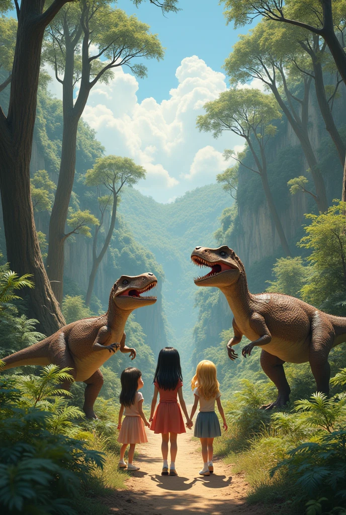 create a realistic image that represents the terrain of the earth in the Jurassic period (ferns, gymnosperms, vast forests and gymnosperms) and put three dinosaurs with three girls on each, a girl with straight black hair, a girl with straight blonde hair, a girl with wavy blonde hair.
