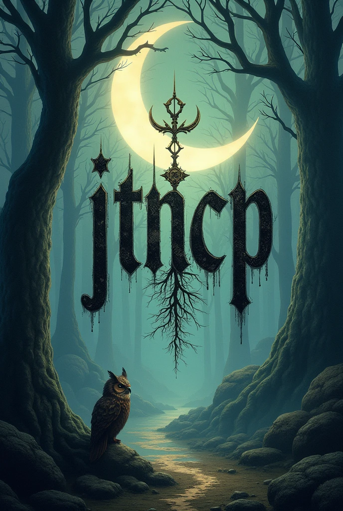 Word jtncp as header with root inside word, while in background got moon, owl, forest 