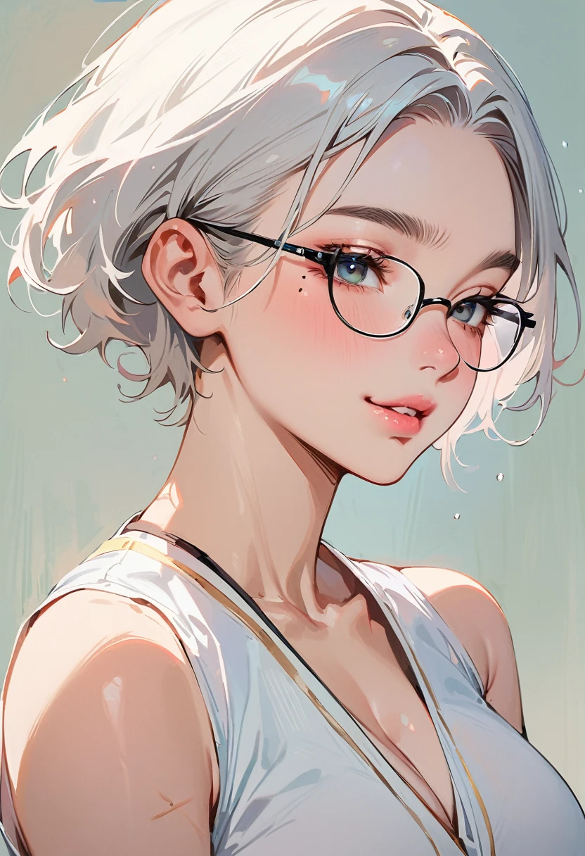 (masterpiece, best quality:1.4), 1 girl, 独奏, Anime style, Dark gray pupils, Blurred eyes, Pouting and smiling, Head slightly down, Black-rimmed glasses, Large scars on the face, Large scars, Right tear mole, Gray bald head,, Super short hair, Simple accessories, Styles of Top Portrait Artists, large breasts, White vest, White air coming out of mouth, Gray background.