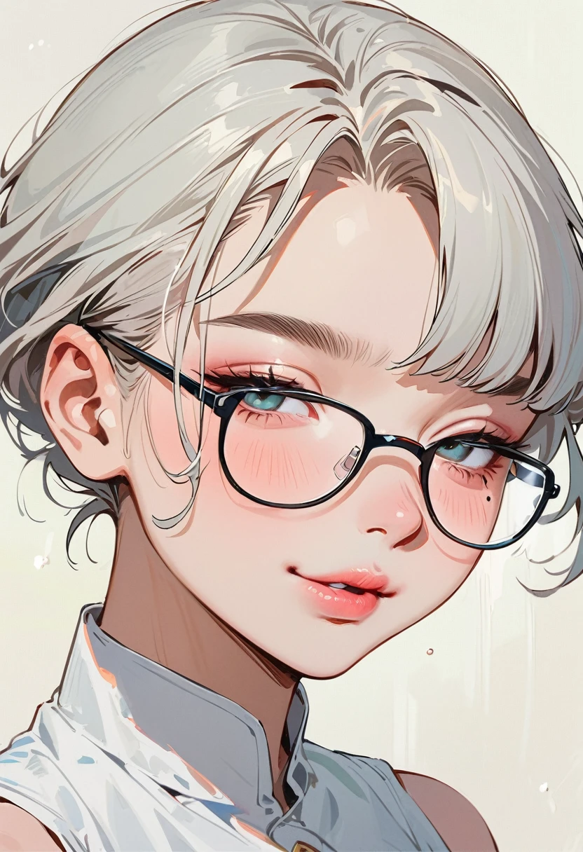 (masterpiece, best quality:1.4), 1 girl, 独奏, Anime style, Dark gray pupils, Blurred eyes, Pouting and smiling, Head slightly down, Black-rimmed glasses, Large scars on the face, Large scars, Right tear mole, Gray bald head,, Super short hair, Simple accessories, Styles of Top Portrait Artists, large breasts, White vest, White air coming out of mouth, Gray background.