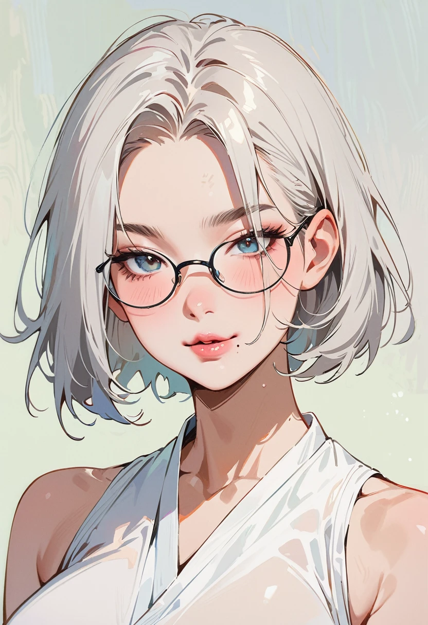 (masterpiece, best quality:1.4), 1 girl, 独奏, Anime style, Dark gray pupils, Blurred eyes, Pouting and smiling, Head slightly down, Black-rimmed glasses, Large scars on the face, Large scars, Right tear mole, Gray bald head,, Super short hair, Simple accessories, Styles of Top Portrait Artists, large breasts, White vest, White air coming out of mouth, Gray background.
