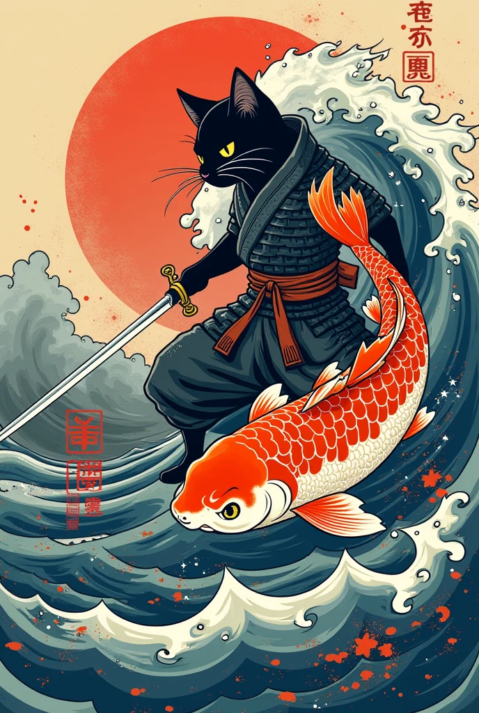 koi fish and samurai cat in full pose of fighting, wearing samurai hakama, on top of wave oriental japanese vector style illustration