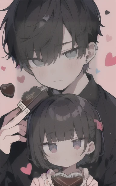 (Masterpiece), (Best Quality), Very detailed, (( a couple guy)), Perfect Face, Beautiful Face, Very detail, (short Black-haired man), (short White-haired man)、white shirt、standing at a distance, in a relationship, valentine, chocolate