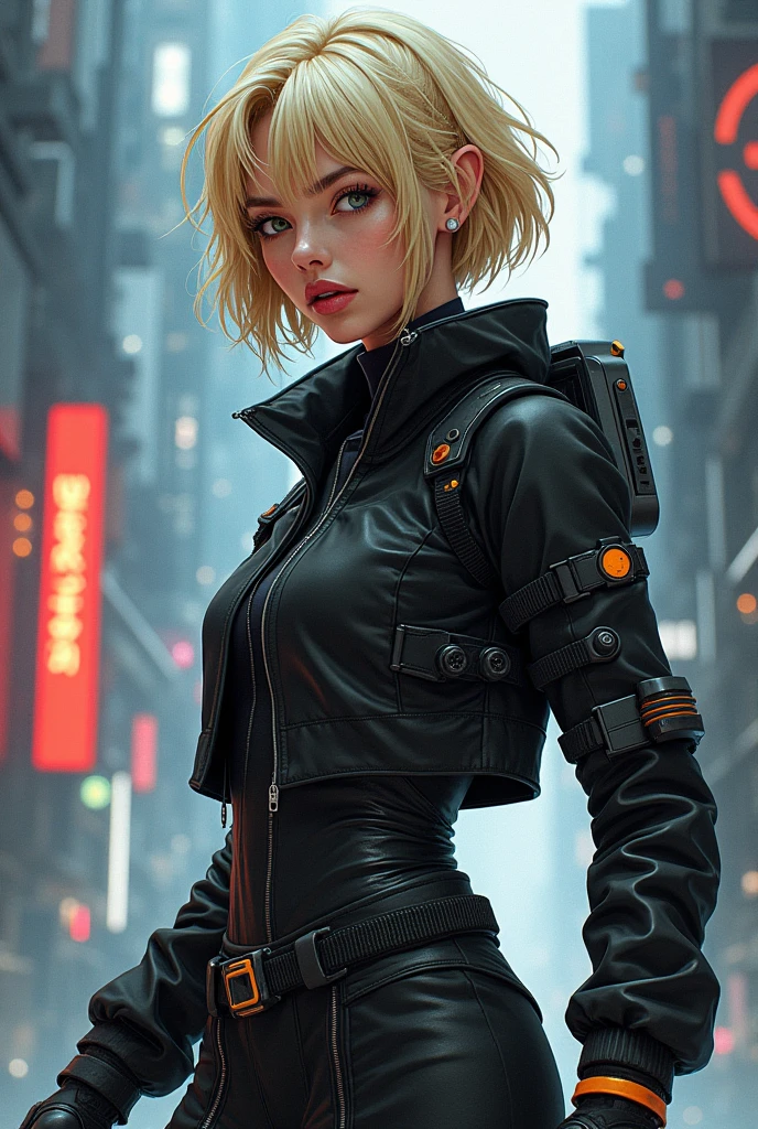 a full body girl style illustration of a woman in a dynamic pose wearing techwear outfit in the style of akihiko yoshida, futuristic cyberpunk, inspired by ghost in the shell, 90s manga aesthetic, expressive face, in the style of afro samurai, blonde wolfcut hair