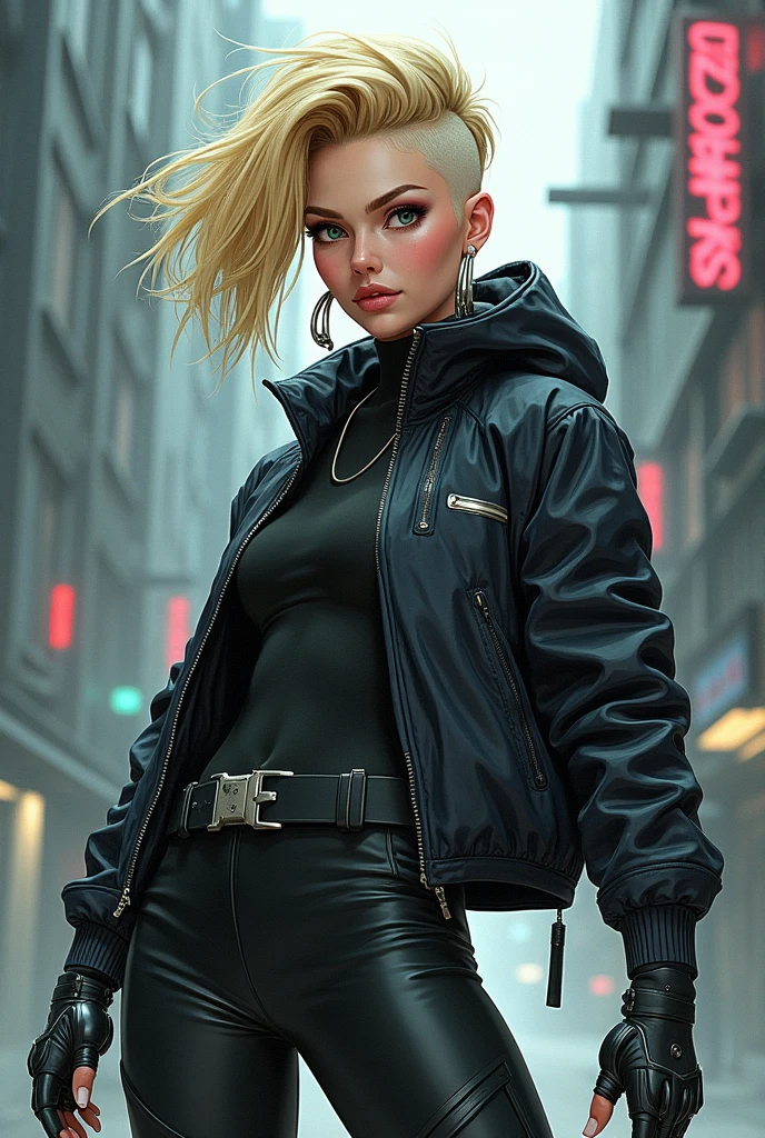 a full body girl style illustration of a woman in a dynamic pose wearing techwear outfit in the style of akihiko yoshida, futuristic cyberpunk, inspired by ghost in the shell, 90s manga aesthetic, expressive face, in the style of afro samurai, blonde wolfcut hair
