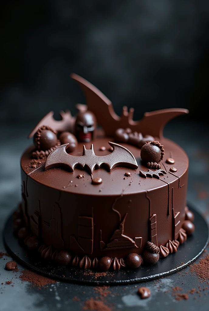 Make a chocolate cake with batman more designs around the cake and make it look fancy and realistic cake