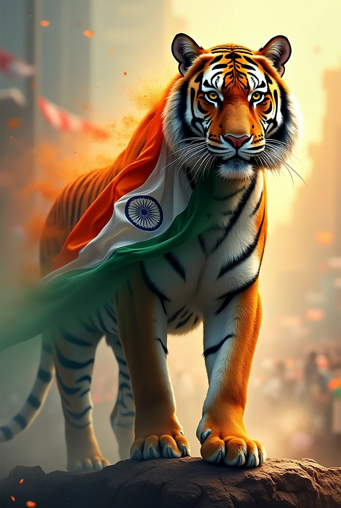 A tiger with indian flag for independence day with name Abhiman below which is clearly visible, blending with tiger 