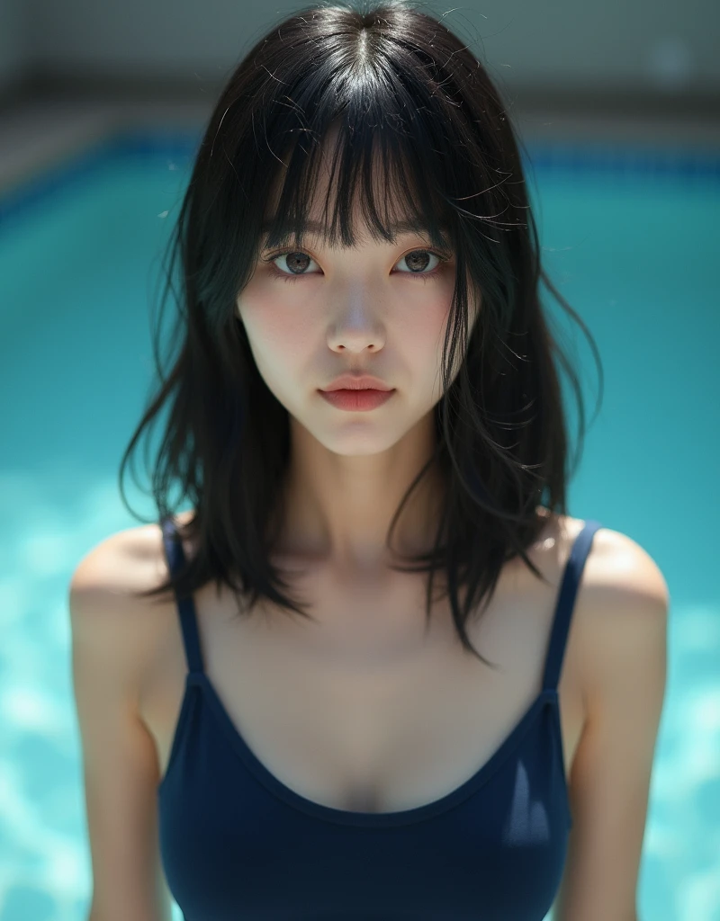 Dreamy atmosphere, High , Studio shot、Upper body portrait、Angle from below、(navy school swimsuit :1.3), (big breasts: 1.4), Focus on the chest、Realistic、Highly detailed cute girl、pretty face, alone、18-year-old、Japanese、black Hair、straight medium hair, Pool for background、Out of focus、Blur、