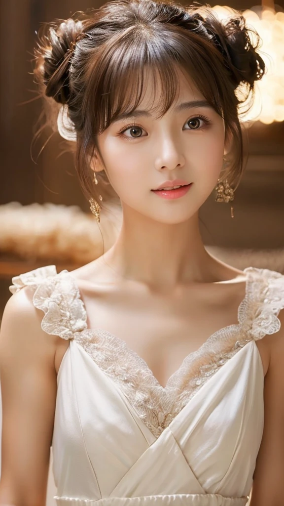 (Realistic) Insanely beautiful asian lady with messy bun hairstyle and brown eyes, cute and attractive facial expressions, natural skin color, godly perfect body (highly detailed) , cinematic lightings , wearing a simple white angelic dress (highly detailed) , incredible lips , full body image highly detailed from top to bottom