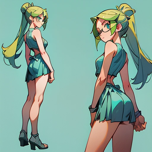 Thin teenage girl with long green hair, with a slightly round thin face with big blue eyes He wears square glasses

With straight, long green hair, styled in a ponytail

Slim, well-defined body with a small bust and wide hips, thin but toned arms and long, slender legs. 

Dressed in a transparent Greek toga 

(((character sheet))) ((various views)) ((front and back) (Face detail) (full body)