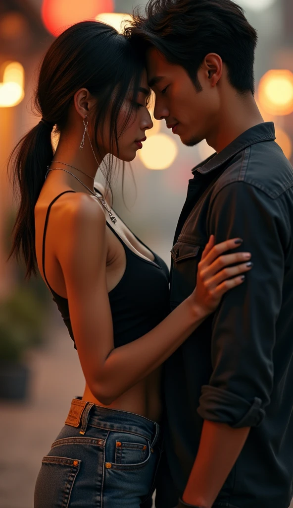 Swarthy Asian Girl with dark brown hair in tight-fitting narrow jeans stand close with man