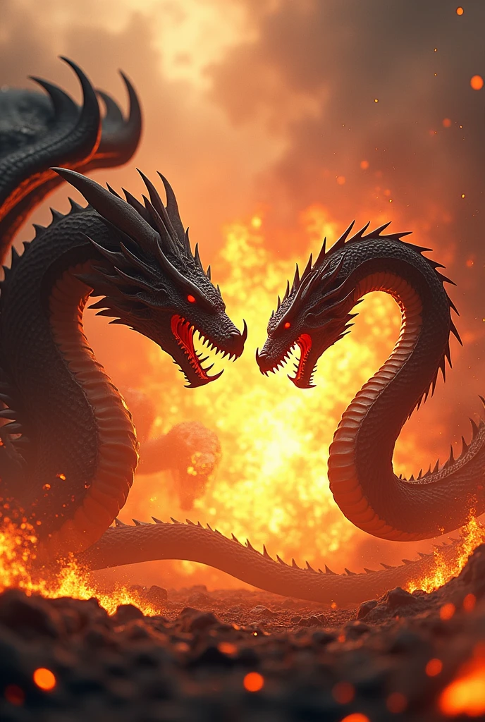 Snake and dragon with fire face to face