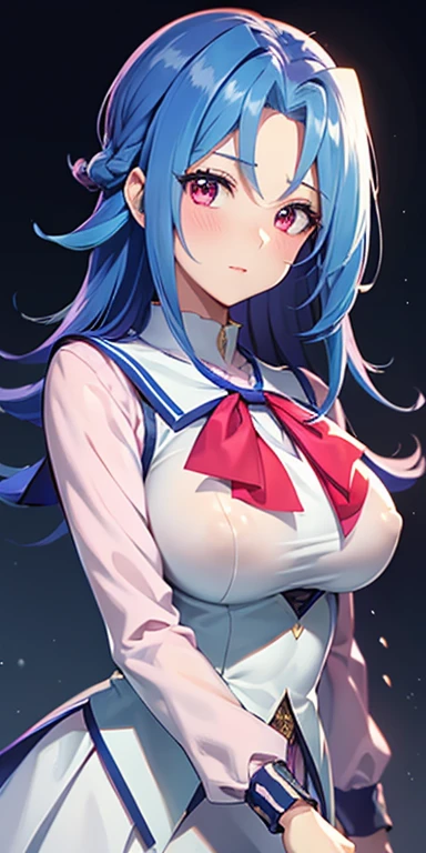 1 Female,High definition,high resolution,Ultra-realistic,8K, kr1, multicolored hair, dyed bangs, long sleeves, bow, pink dress, white vest, white skirt,European,sexy,Upper body close-up,Photographed from the front,Dynamic Angles,private teacher,blush, big tits, (nipples) ,show tits,4k, high resolution, detailed face,((upper body))
