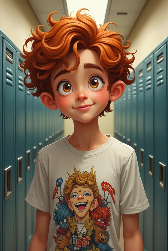 A drawing with more realistic features of a young male ager with American features from the waist up, in the hallway of an American school filled with lockers. Rebellious curly red hair all over, Above the eyes. Light honey-colored eyes and shorter light lashes, Curvilinear, straight eyebrow. A sweet smile on his face, has prominent cheeks and freckles under his eyes and nose. Small chubby nose, Round face, very white skin. fleshy lips. athletic body. He wears a Queen band t-shirt. Similar to Kit connor.