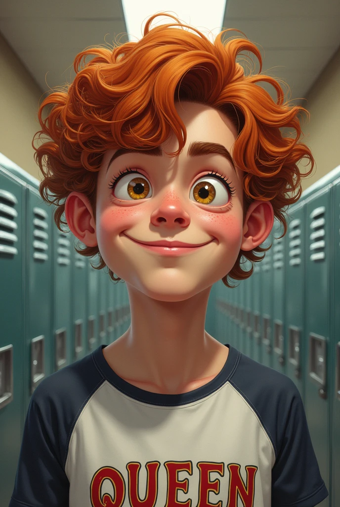 A drawing with more realistic features of a young male teenager with American features from the waist up, in the hallway of an American school filled with lockers. Rebellious curly red hair all over, Above the eyes. Light honey-colored eyes and shorter light lashes, Curvilinear, straight eyebrow. A sweet smile on his face, has prominent cheeks and freckles under his eyes and nose. Small chubby nose, Round face, very white skin. fleshy lips. athletic body. He wears a Queen band t-shirt. Similar to Kit connor.