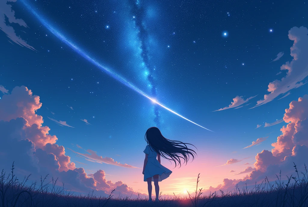 Weathering With You,anime,Rear view,Long Hair,Amazing starry sky,Fantastic shooting star,Great background,Hair swaying in the wind,pastel colour,Dynamic Perspective