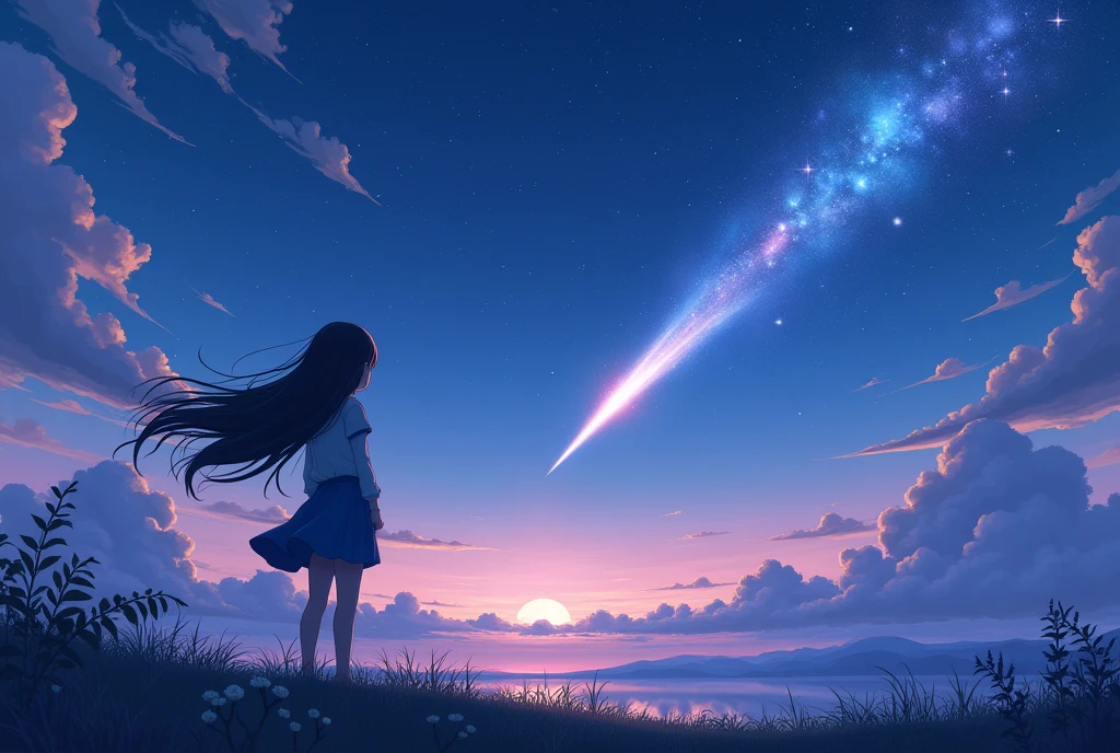 Weathering With You,anime,Rear view,Long Hair,Amazing starry sky,Fantastic shooting star,Great background,Hair swaying in the wind,pastel colour,Dynamic Perspective