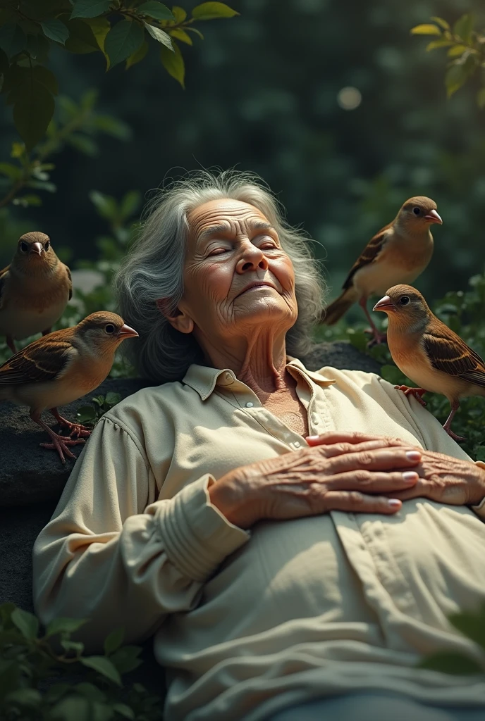 Sparrows surrounding the dead body of grandmother 