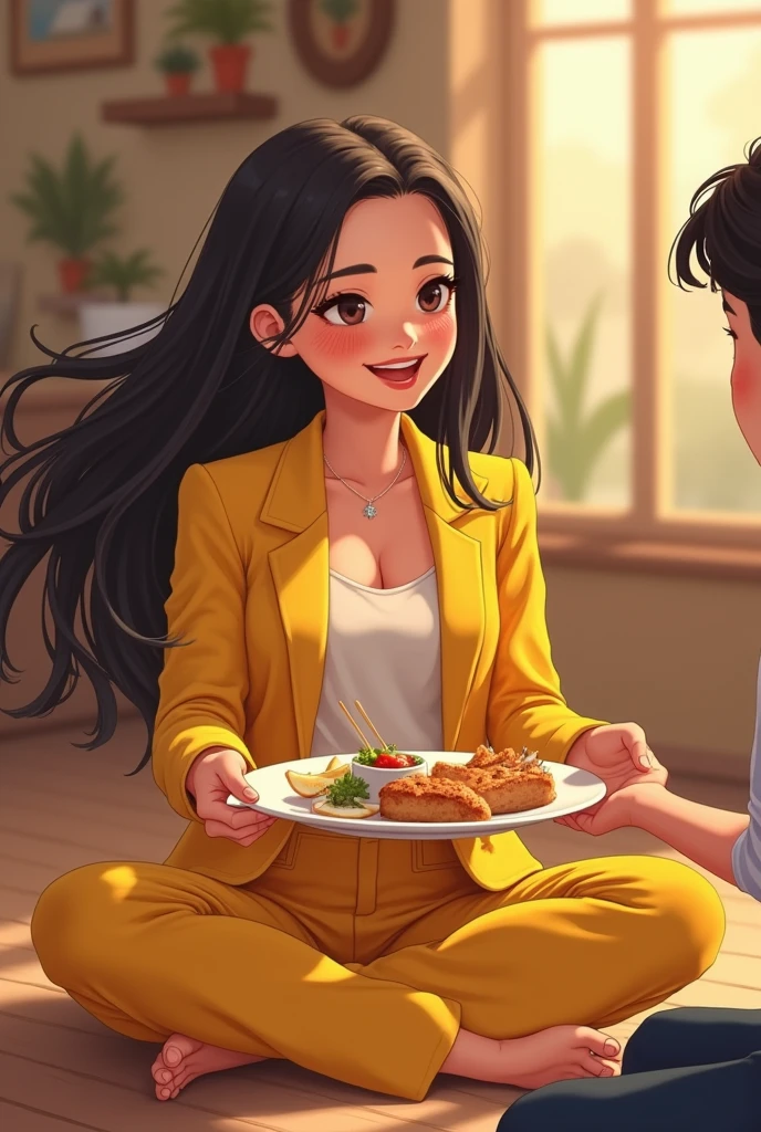 A cute 21 year old girl woth black hair sitting on a floor wairing yellow suit and serve food to the boy