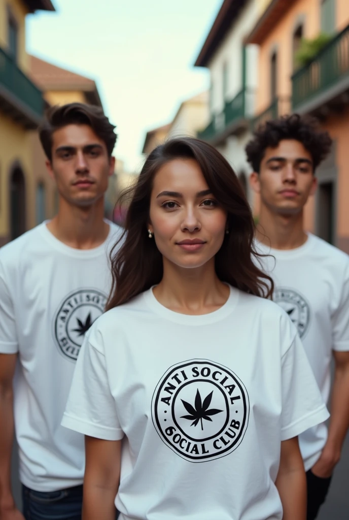 Photos of young men and women wearing white t-shirts with the Anti Social Social Club logo on the back in Cuenca, Ecuador