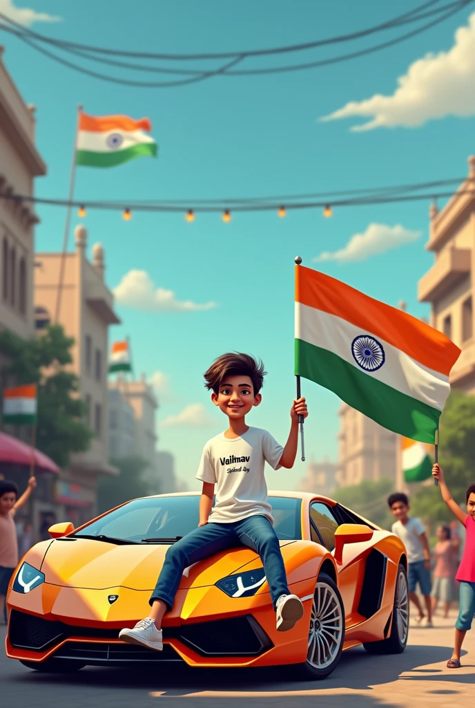 realistic Indian 18 year old boy sitting on Lamborghini car Holding Indian flag and celebrating India festival happy independence day with background of blue sky in Indian Street boy wearing pant, white t-shirt with name ” Vaibhav ”style hair on it by the way childrens are holding Indian flag playing round, smart, shoes, some children also playing, and someuncles drinking tea at a shop. also a text written “Happy independence day”at top, 3D art painting real photo wit high resol