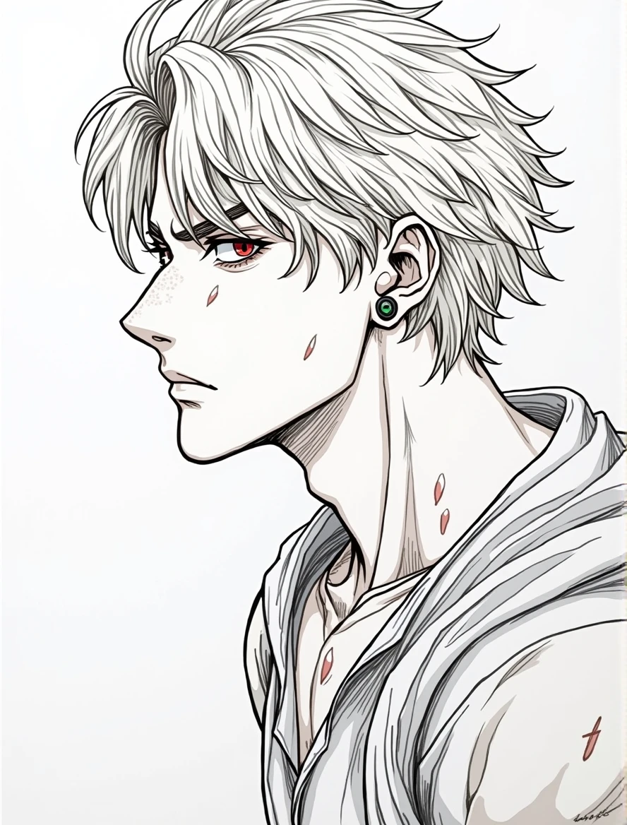 Male, standing at 5-foot 9-inches (175.26cm) with a face that even top supermodels could only wish for, albeit with a small scar on his cheek, he was just wearing a plainwhite short-sleeve shirt with gray-cargo sweatpants, his tight shirt vaguely showing the subtle outline his 8 toned abs and toned broad shoulders making a perfect V-Taper aligned with his slim waist, he had pretty large forearms and his arms (including biceps) were unreasonably shredded, perfectly sculpted, also having great muscle definition, and a Strong - Extremely Athletic Physique, he had Fluffy - Wavy Strawberry-Blonde hair with a Double-Eyebrow slit, he had Deep-Blood Red eyes, with Fluffy - Wavy Locks falling over his face, heart shaped hair parting, swept left, his hair reaching just past his ears, his skin being a soft color of fair (Pale-Ivory), with glass-like skin complexion, his thick veins could be seen subtly in his arms and his neck, though, his lips slightly parted, he also had a Rosegold - White Cross left ear-piercing, hair over eyes, One Male, Masterpiece, Best quality, Very aesthetic, 1boy