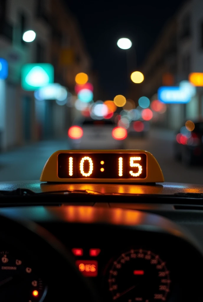 taxi meter that displays a value of 10:15 and this has a night background in a Latin American country