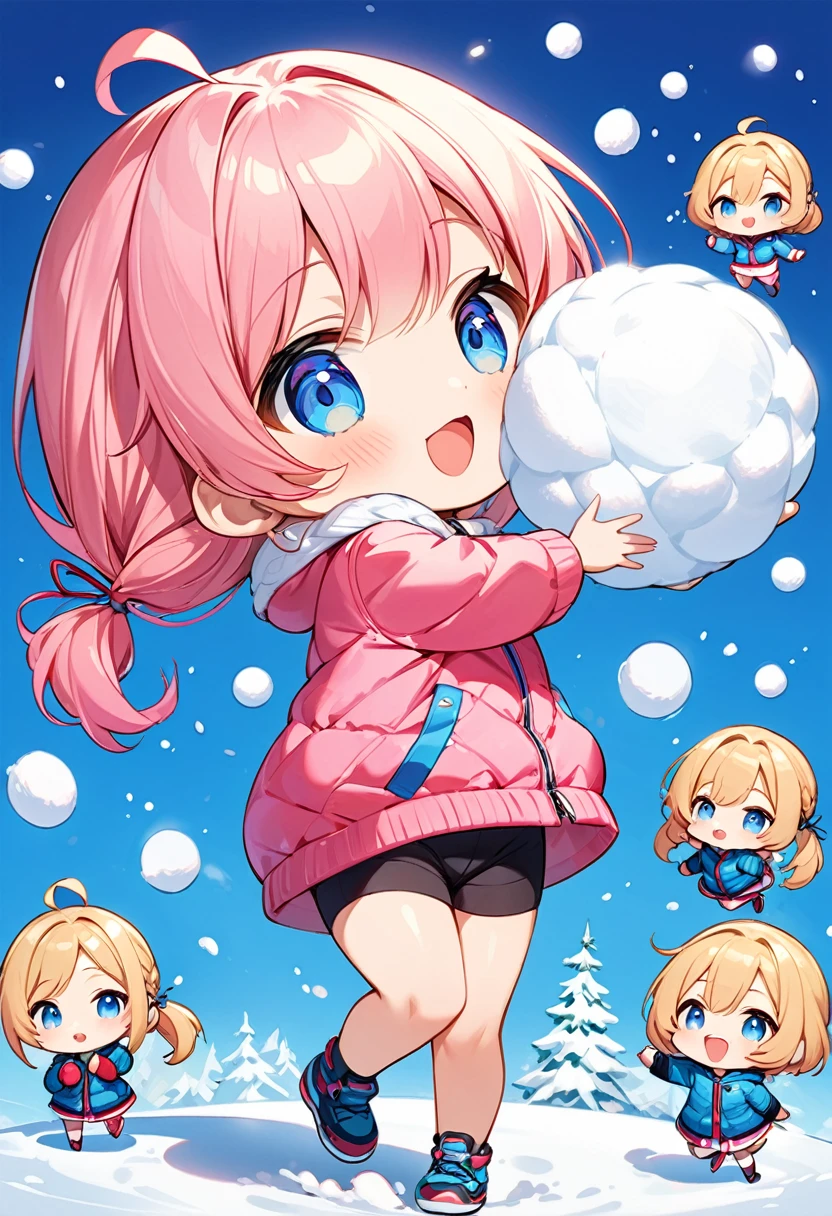 Highest quality、High resolution、Detailed Background、Beautiful face in every detail、Anatomically correct、Detailed facial expressions、fine grain、((full body, from below:1.2, side view, looking away:1.2)), break ((One Girl:1.2)、((Chibi Girl:1.2)))、Bright pretty hair color、Big beautiful blue eyes、Fuller lips、Pink Lips、Braided twintails、Ahoge、(snowball fight:1.2)、(Cute down jacket、Cute snowshoes)、break ((Raise one arm above head、Raise one leg high、Standing on one leg、Pitching pose:1.2、Holds a giant snowball:1.5))、(Happy expression、Big smile)、((The background is the schoolyard、A snowy morning、Snowfall、Snow Scene、The sunlight is dazzling))
