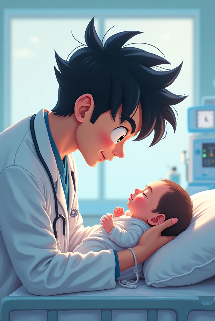 Goku, a pediatrician at the hospital, monitoring a baby.