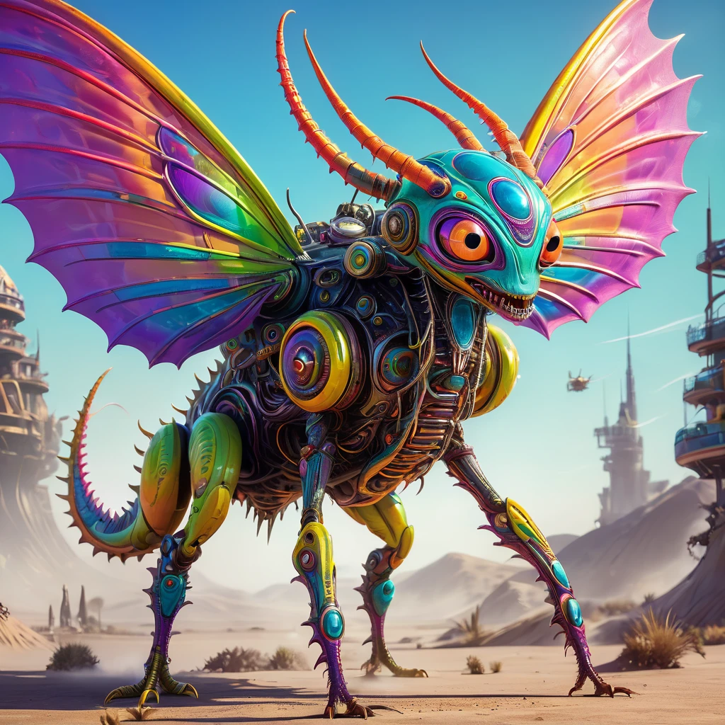 a small bizarre and strange looking part mechanical brightly coloured alien. Showing the entire, highly detailed body from the side. The entire picture is full of details. Strange alien landscapes in the background. Big detailed wings and sharp teeth and fangs. a sharp abdominal stinger. tentacles and antennas and multiple eyes. long spiky legs. Scaley segmented body. Hypnotic and telepathic and psychedelic looking.