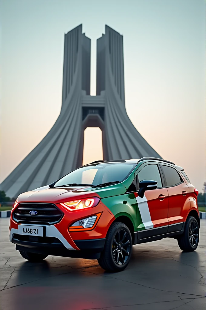 Ford ecosport in Indian flag with red headlight with black diamond cut alloy wheel in front of Statue of unity