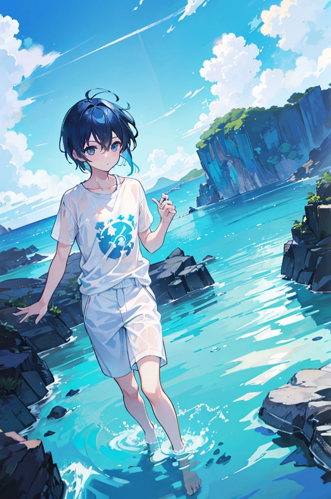Blue Sky Day、standing barefoot in the shallows of the translucent blue sea、With short, dark blue hair、White t-shirt and short-sleeved blue suit jacket、Wearing black trousers that reach down to the knees、youth、male、