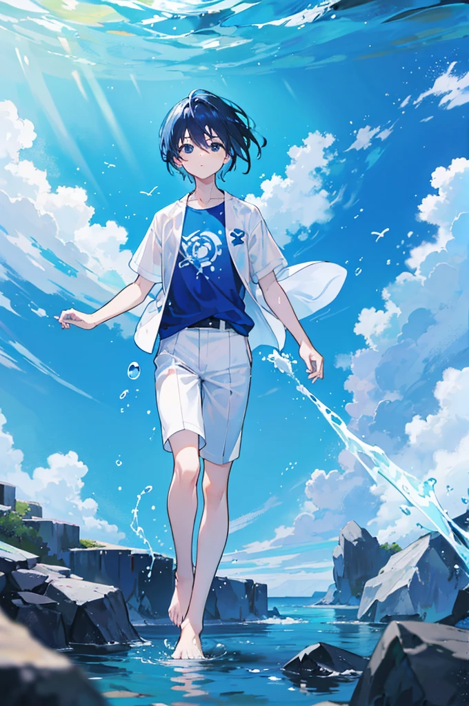 Blue Sky Day、standing barefoot in the shallows of the translucent blue sea、With short, dark blue hair、White t-shirt and short-sleeved blue suit jacket、Wearing black trousers that reach down to the knees、youth、male、