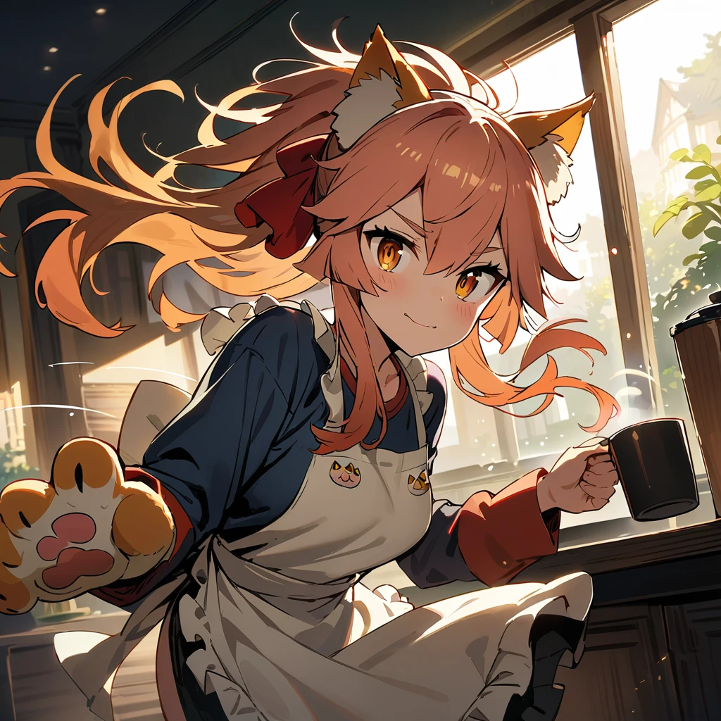 (tamamo cat), fate, fgo, serving coffee, (masterpiece, best quality, ultra detailed), (cinematic lighting), (point of viewer), apron, (looking at viewer), floating hair, ( bouncing body , ), (motion lines, ), indoor, 