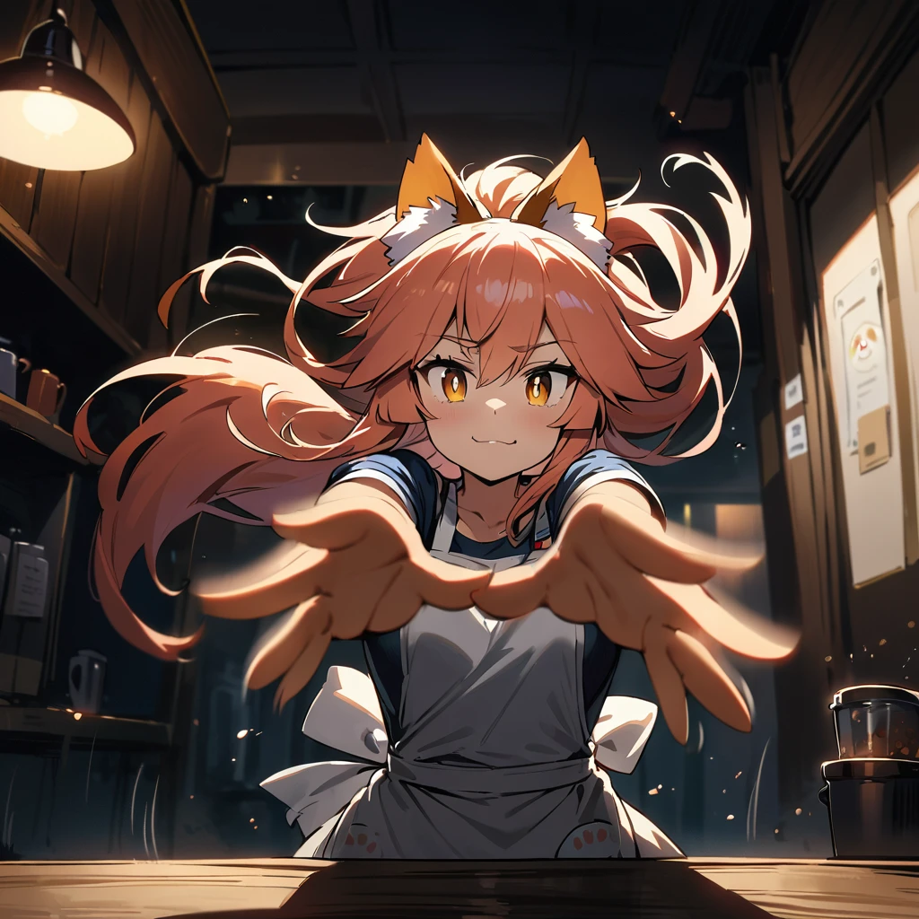 (tamamo cat), fate, fgo, serving coffee, (masterpiece, best quality, ultra detailed), (cinematic lighting), (point of viewer), apron, (looking at viewer), floating hair, ( bouncing body , ), (motion lines, ), indoor, 