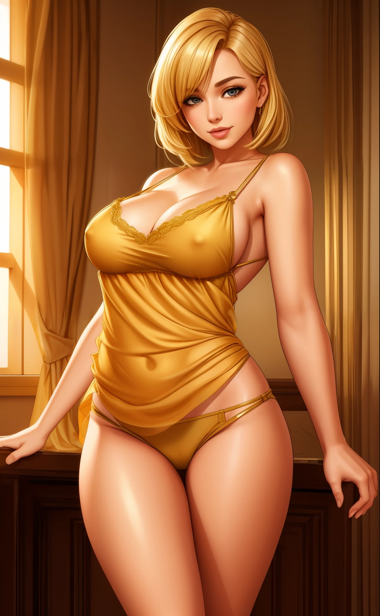 short golden dress that seems to flow like honey, blonde woman, 