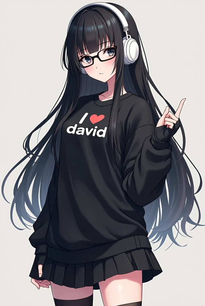 Personaje femenino de anime con cabello negro liso largo audífonos blancos ojos chinos negro piel blanca lentes negros camisa negra que diga I ❤️ david , black and green plush white tennis shoes, black socks and black hand warmers and black skirt