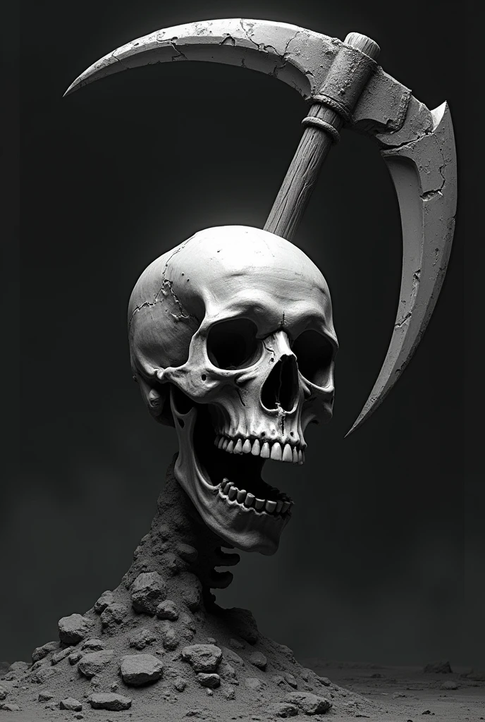scythe stab a skull, black and white,