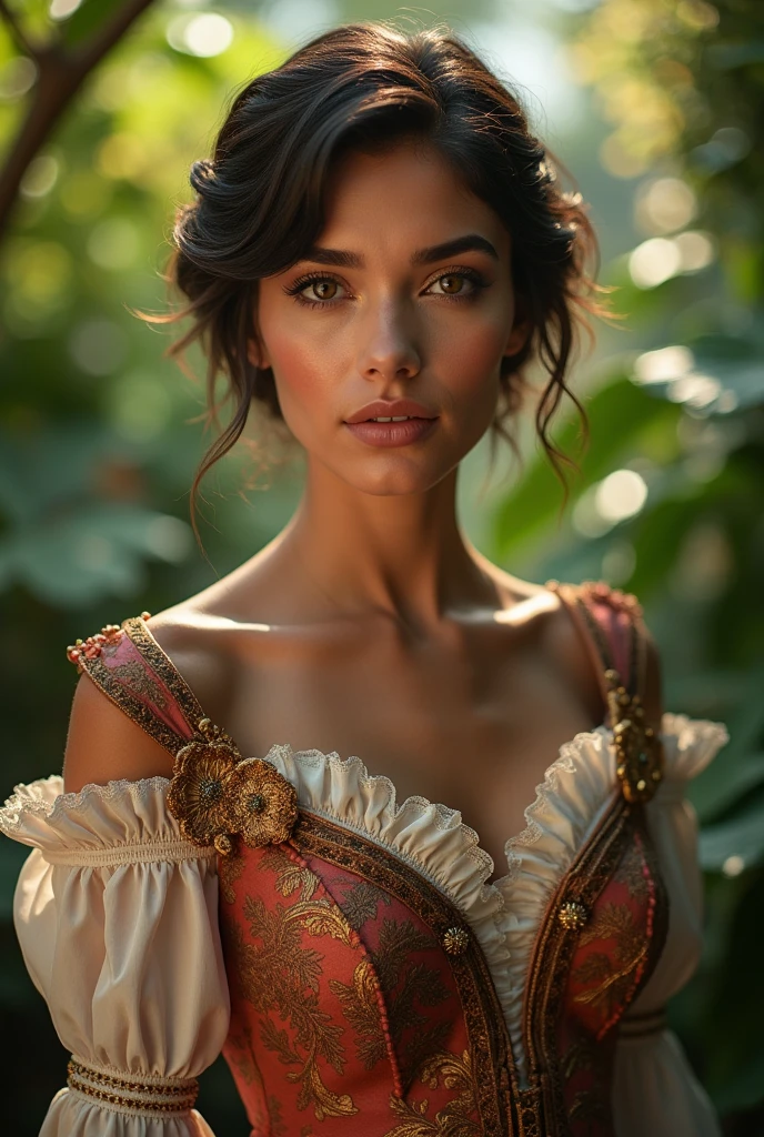 Beautiful latina woman perfect body short brunette hair, dressed in elegant victorian era 19th century American colorful conservative formal studio lighting, beautiful outdoor paradise background