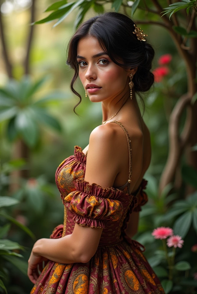 Beautiful latina woman perfect body short brunette hair, dressed in elegant victorian era 19th century American colorful conservative formal studio lighting, beautiful outdoor paradise background