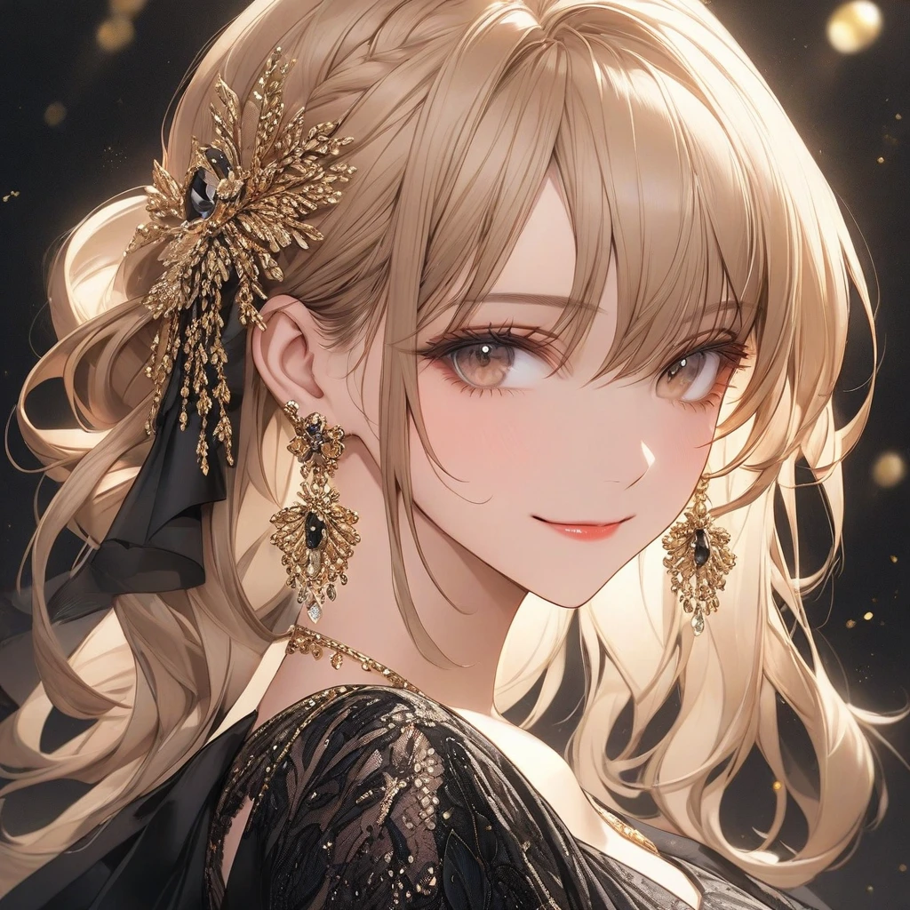 high resolution, Masterpiece, Anatomically correct, precise, qualityที่ดีที่สุด, quality, 1 woman, Age 25 years,Medium length hair, light brown hair, Uneven hairstyles, big breasts, earring, Dark makeup, A thin smile., simple background, Close-up photography, decorations, Anime style, Wearing a black dress,luxurious,Wealth,millionaire,mature woman ,dress luxurious