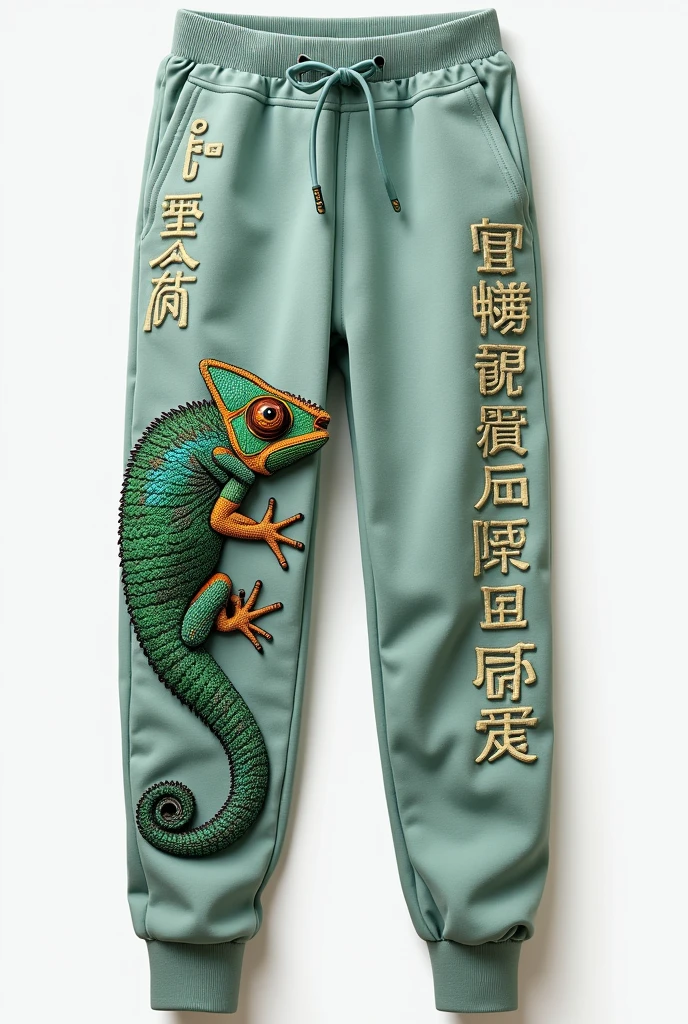 Uma calça de moletom com o logo de um chameleon na parte esquerda da frente, words related to the environment written in waves on the right side of the front of the pants, the word "chameleon" next to the right side of the pants