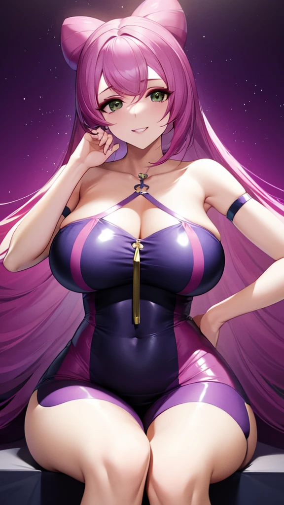 erotic、Pokemon　Mimosa、Purple hair、tall、 mature, Married women, Pink shiny latex tube top、Off the shoulder、邪evilな女戦闘員, Pink and black background, Pitch-dark bedroom, Dark Theme, evil, lure, excited, A condescending grin, Lightly open your mouth、Sexy pose, Sitting on the throne