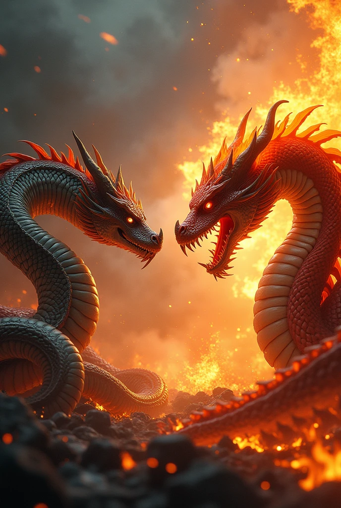 Snake and dragon with fire  face to face