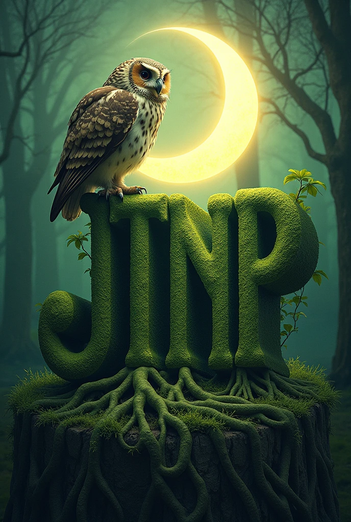 Big Word jtncp as header with green root inside word, while in background got moon, owl, forest