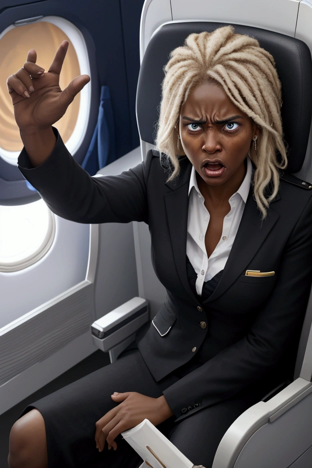 a black passenger, with an expression of anger and frustration evident on his face, as he yells at a white blonde flight attendant on a plane