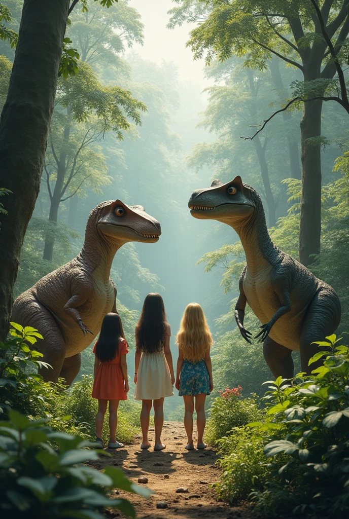 create a realistic image that represents the terrain of the earth in the Jurassic period (ferns, gymnosperms, vast forests and gymnosperms) and put three dinosaurs with three girls on each, a girl with long straight black hair, a girl with long straight blonde hair, a girl with long wavy blonde hair.