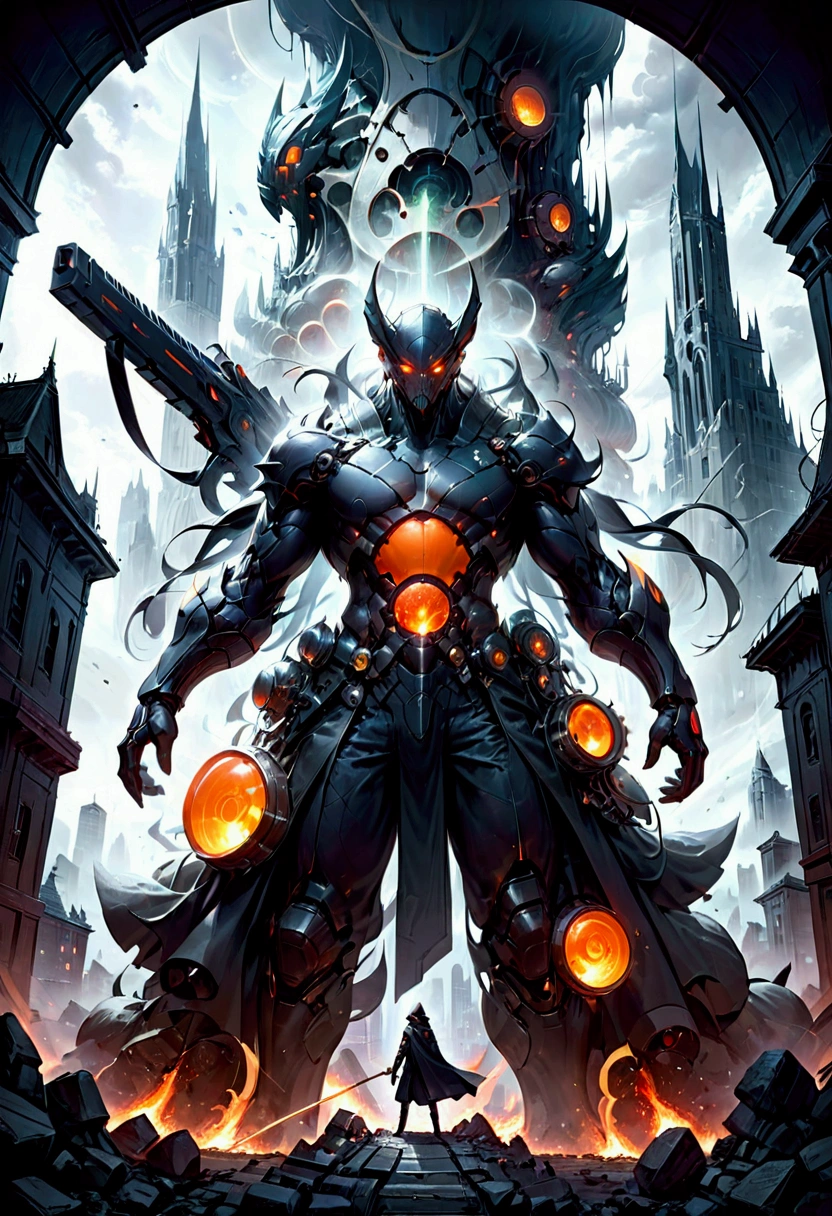 Giant Weapon, The sinister looking giant weapon fires and destroys the whole city; spectacular nontrivial intricate complex thoughtful spooky scary menacing doomy heroic sci-fi cosmic concept art by Marat Zakirov, Gordei Krasnov, Carsten Stueben, Juan Camilo Vallejo, John Picacio, James Suret & Niyas CK, masterpiece, best quality, very aesthetic, absurdres
